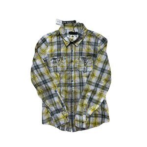 Affliction Black Premium Plaid Shirt Studded Embroidered Skull Womens L NWT